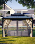 KYBOLT 10x12 Ft Hardtop Gazebos with Heavy Duty Double Roof, Nettings and Curtains Galvanized Steel Outdoor Gazebos for Patio, Backyard, Deck, Lawn