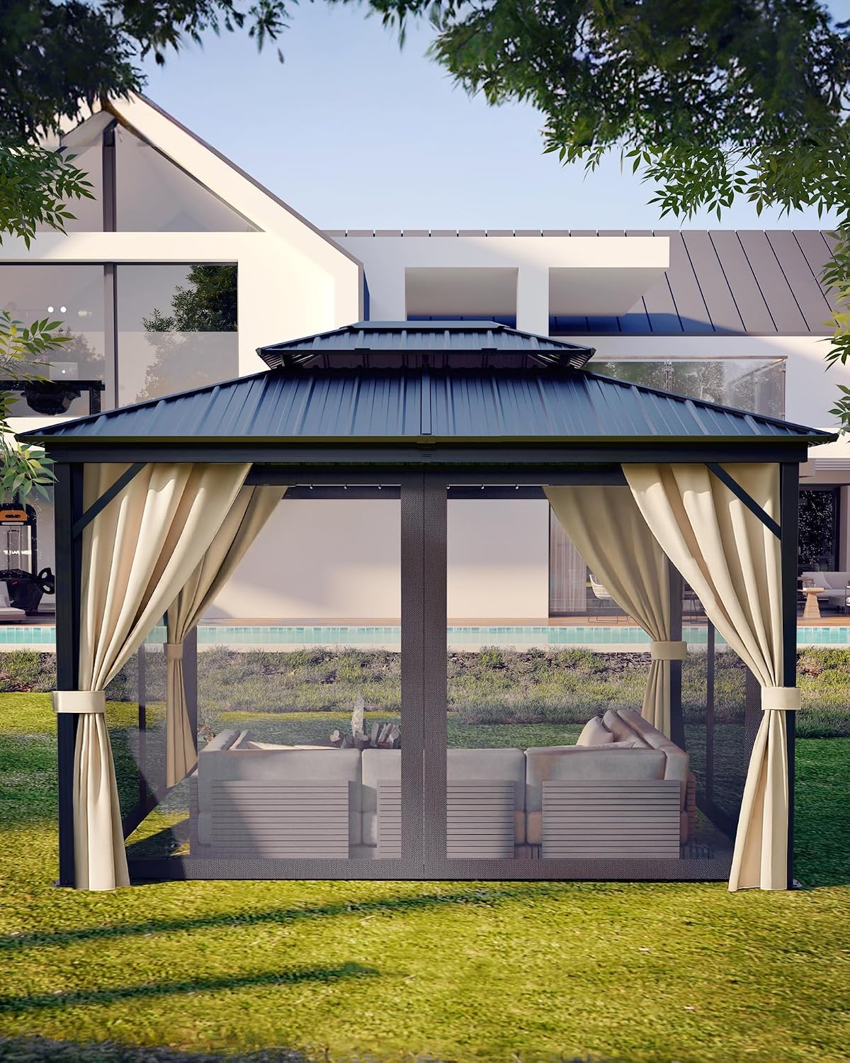 KYBOLT 10x12 Ft Hardtop Gazebos with Heavy Duty Double Roof, Nettings and Curtains Galvanized Steel Outdoor Gazebos for Patio, Backyard, Deck, Lawn