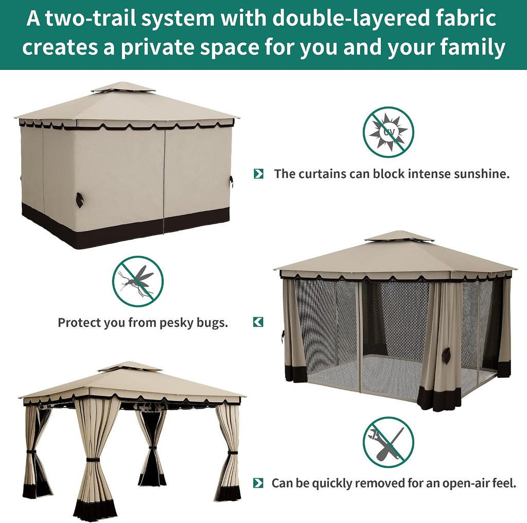 YITAHOME 10x12FT Patio Gazebo Event Shelters Outdoor Double Roof Canopy Gazebo w/Netting & Curtains, Soft Fabric Top Garden Winds Tent with Steel Frame Privacy Screens for Backyard, Garden, Lawn