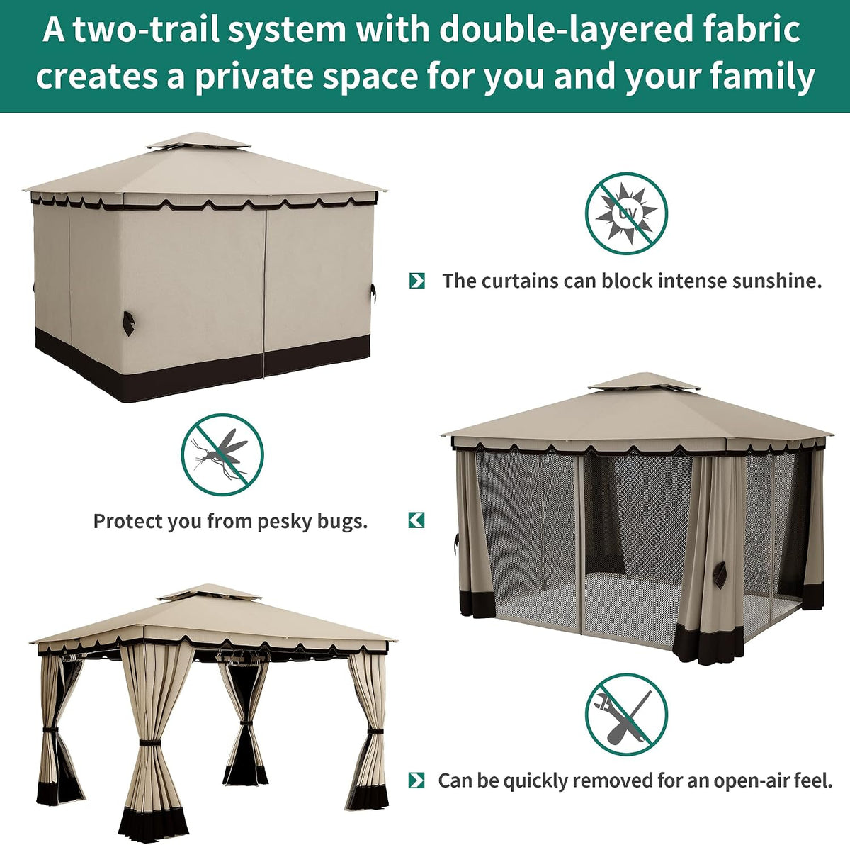 YITAHOME 10x12FT Patio Gazebo Event Shelters Outdoor Double Roof Canopy Gazebo w/Netting & Curtains, Soft Fabric Top Garden Winds Tent with Steel Frame Privacy Screens for Backyard, Garden, Lawn