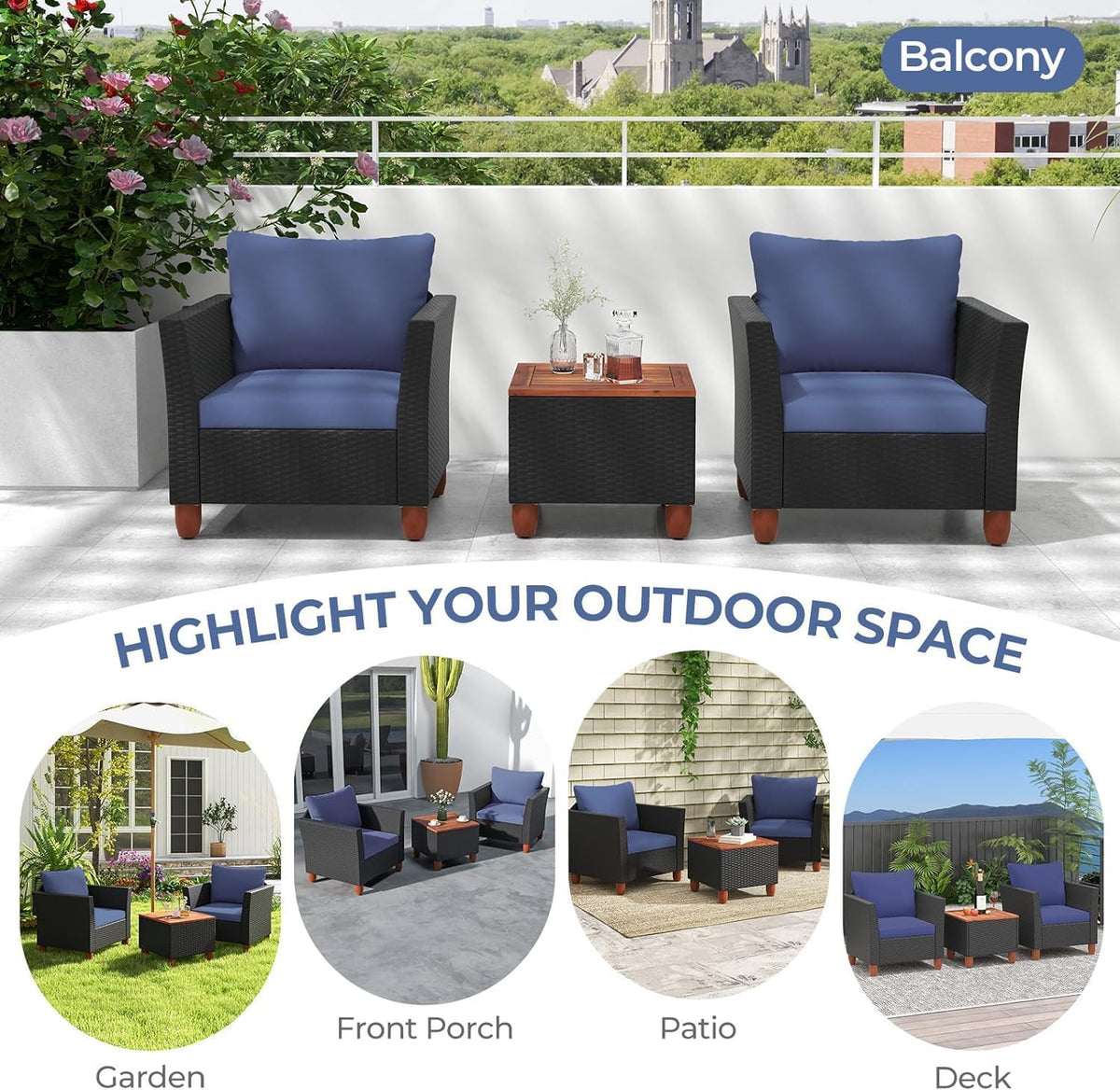 LDAILY Patio 3 Pieces Patio Furniture Set, PE Rattan Outdoor Wicker Sofa Chair with Washable Cushion & Wood Storage Table, Patio Conversation Set for Porch, Yard, Garden (Navy)