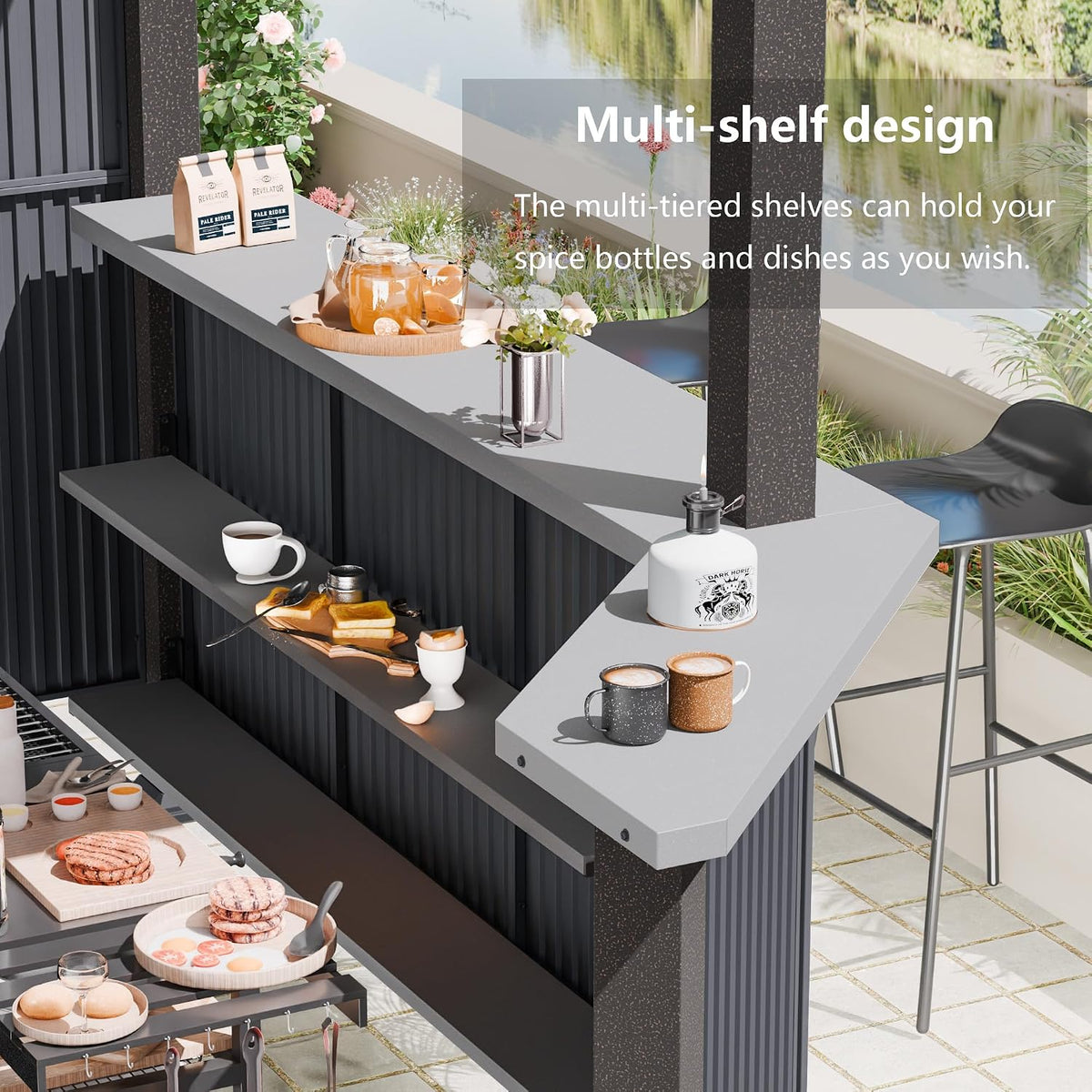 10' x 10' Hardtop Grill Gazebo,Outdoor Galvanized Steel BBQ Lean to Gazebo with 2 Side Shelves,Permanent Hardtop Grill Canopy with Independent Countertop for Patio Backyard Lawn Garden