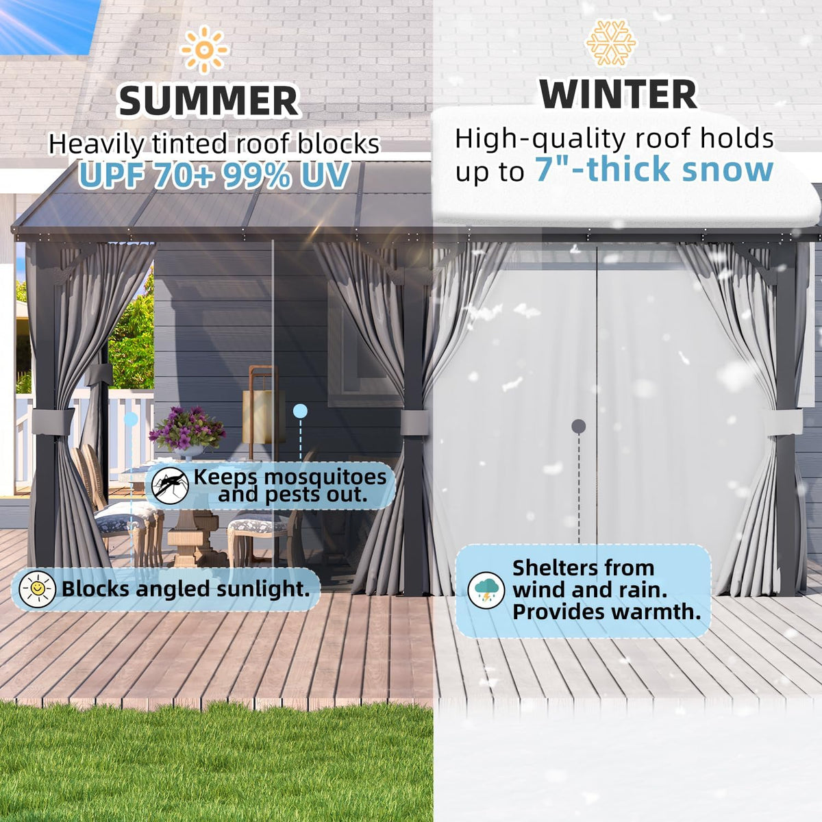 AECOJOY 14' x 8' Outdoor Gazebo, Hardtop Pergola Lean to 8x14 Gazebo with Curtains and Netting, Pergolas and Gazebos Clearance with Patio Roof, Large Wall-Mounted Heavy Duty Awnings for Patio, Decks