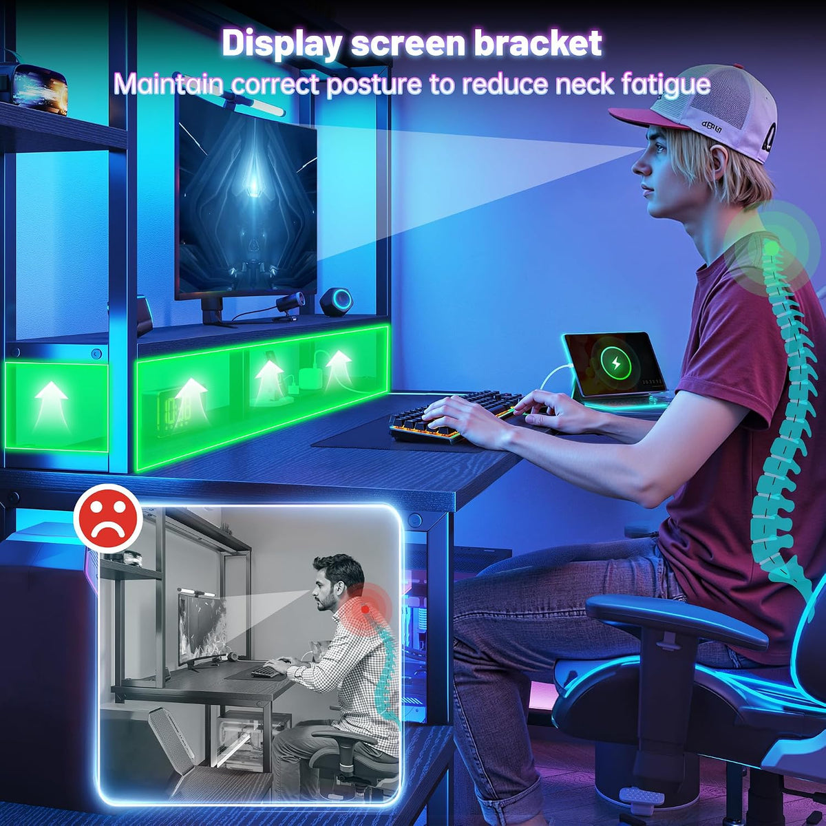 DurayLoly Gaming Desk with LED Lights & Outlets,55' L Shaped Computer Desk with Shelves & Storage Hutch,Reversible Corner Gaming Table with Printer Space & Monitor Stand for Home Office,Black