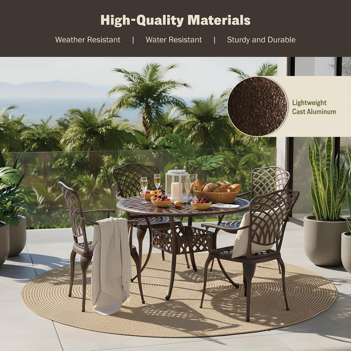 Mazatzal 5 Pieces Outdoor Furniture Dining Set for 4 All-Weather Cast Aluminum Round Patio Table and Chairs Outdoor Furniture Set with Umbrella Hole Retro Bronze Pattern Design