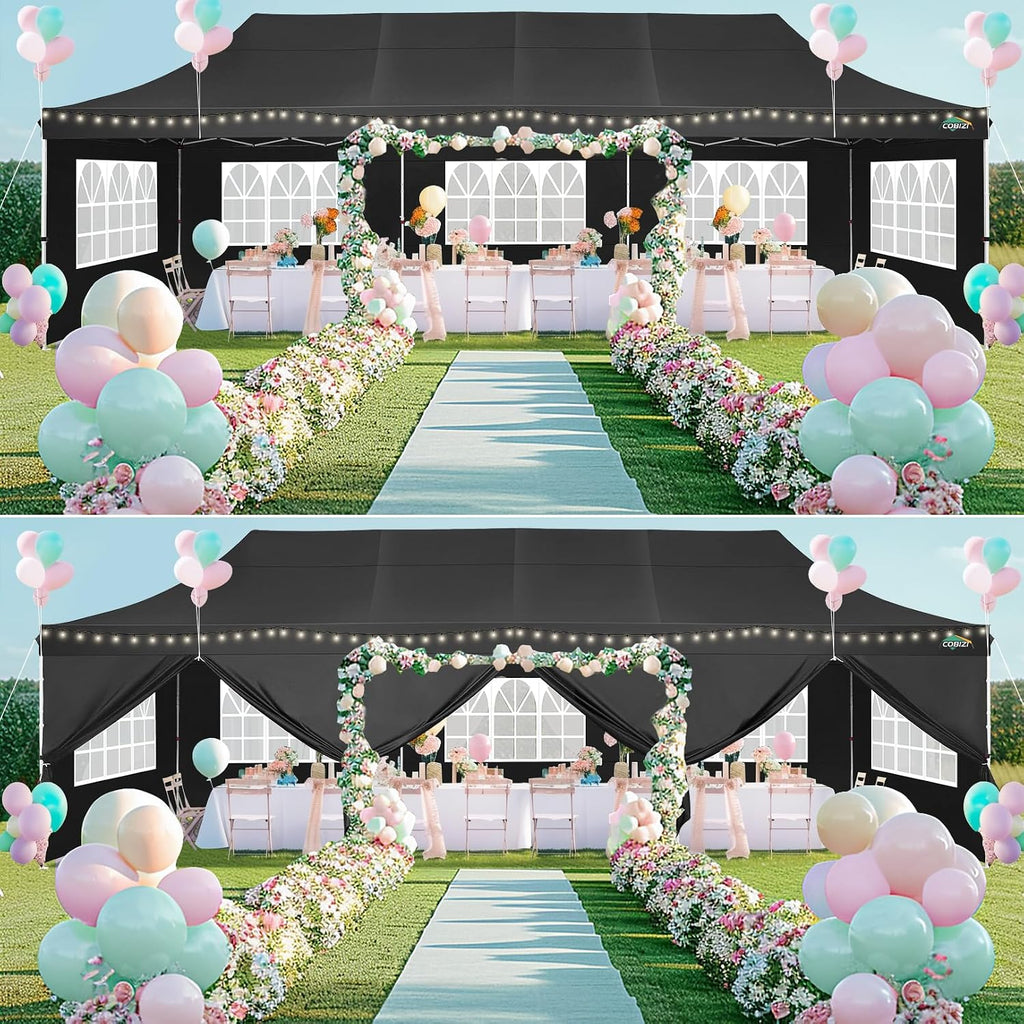 COBIZI 10x30 Pop up Canopy with Roller Bag & 8 Removable Sidewalls, Canopy Tent for Parties, Wedding, and Commercials, Waterproof and Instant Shelter UV50+ Outdoor Gazebo with 4 Sandbags(Black)