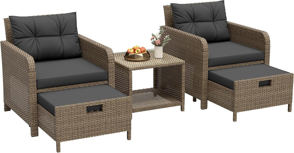 LHBcraft Outdoor Furniture 5 Piece Patio Conversation Set, PE Rattan Patio Set with Soft Cushions & Coffee Table, Outside Furniture with Hidden Ottoman for Porch, Lawn, Garden, Balcony, Black