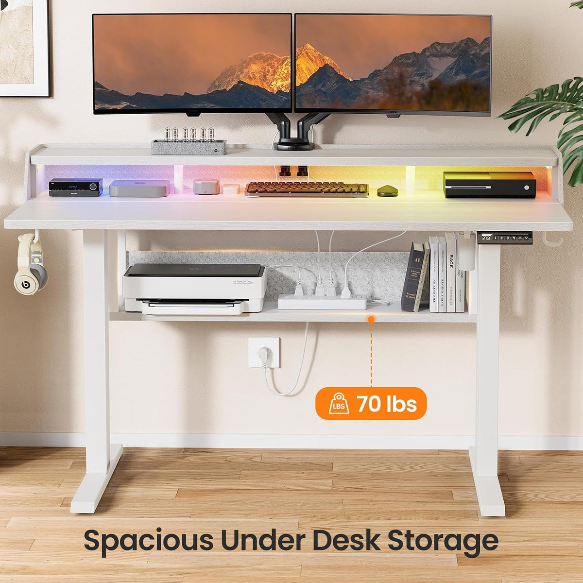 ErGear Electric Standing Desk, 55x28 Inch Adjustable Sit Stand Desk with Bookshelf & Monitor Stand, Standing Gaming Desk with LED Light Strip, Stand Up Desk for Home Office, White