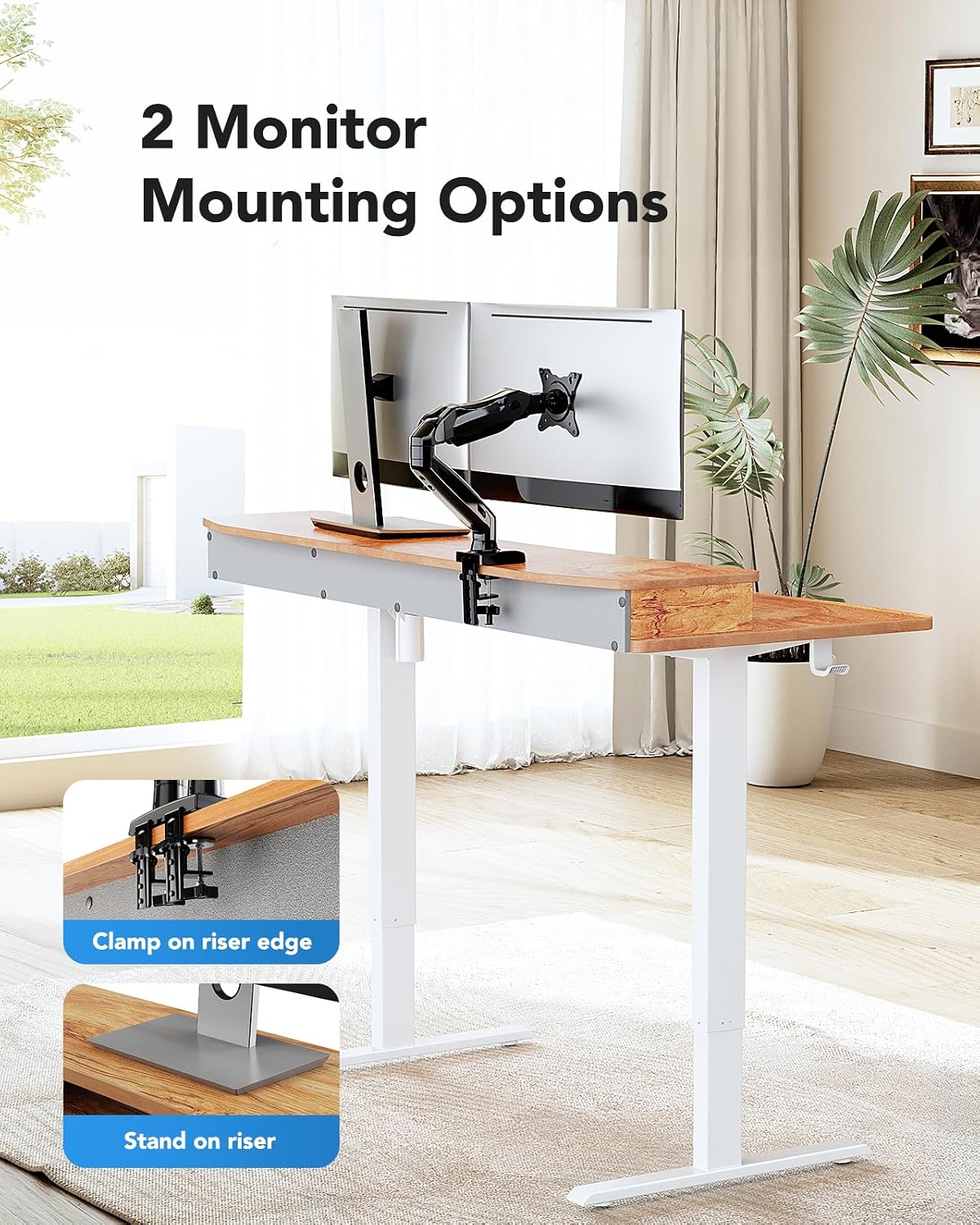 HUANUO 55″ x 26″ Electric Standing Desk with 2 Drawers, C-Clamp Mount Compatible, Height Adjustable Computer Desk, Home Office Stand Up Desk with 4 Preset Heights & 2 Hooks, Light Vintage
