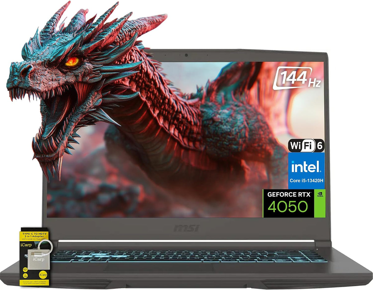 msi Thin 15.6' FHD 144Hz IPS Gaming Laptop, 13th Gen Intel Core i5-13420H, NVIDIA GeForce RTX 4050, 16GB RAM, 512GB SSD, WiFi 6, Backlit Keyboard, Cooler Boost, Win 11 w/ICP Hub
