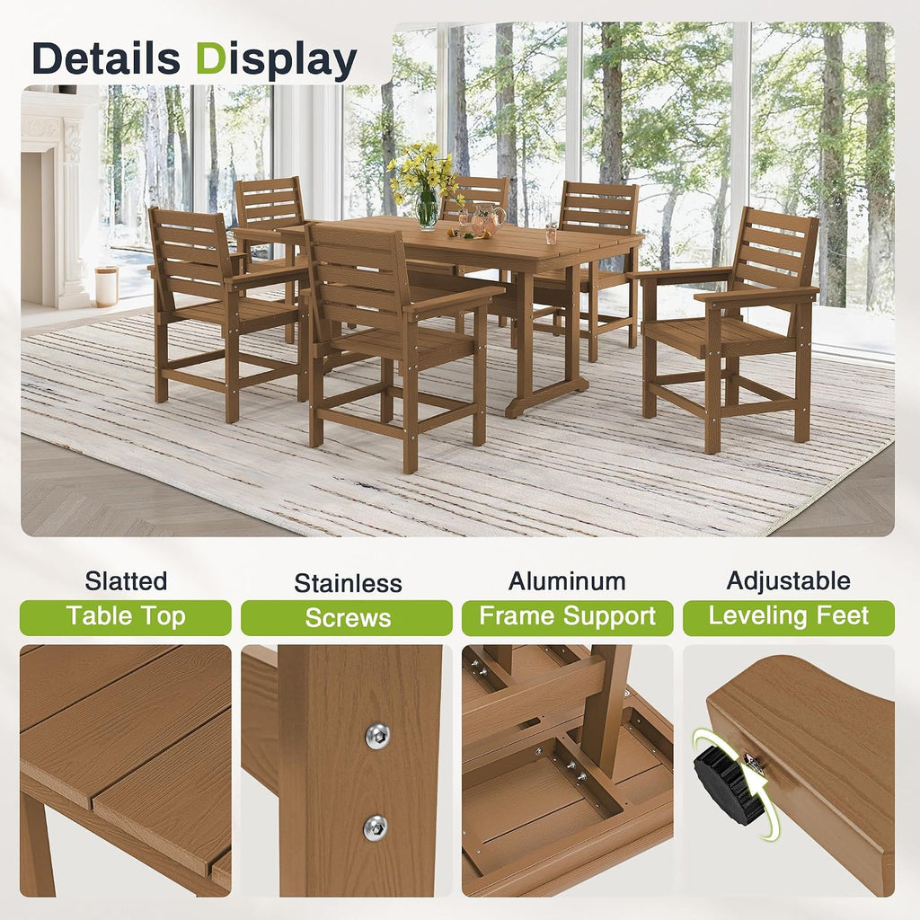 7 Piece Outdoor Dining Set, HDPS Patio Table and Chairs Set, 66' Patio Table with 1.96' Umbrella Hole & 6 Chairs, All Weather Furniture for Garden, Backyard, Poolside (Brown)