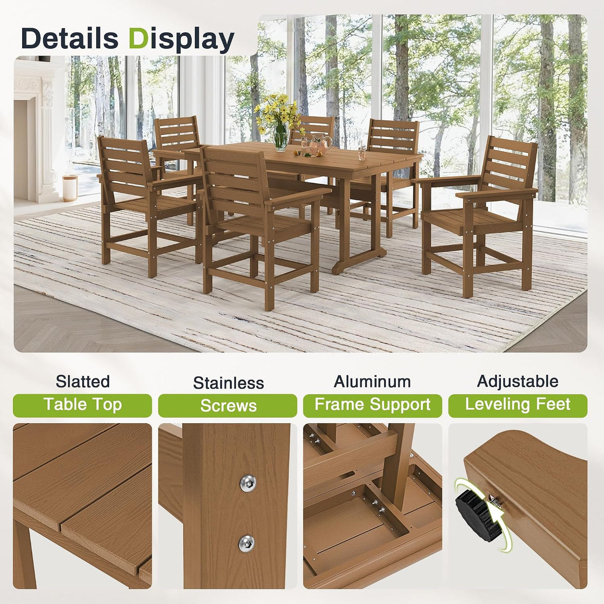 7 Piece Outdoor Dining Set, HDPS Patio Table and Chairs Set, 66' Patio Table with 1.96' Umbrella Hole & 6 Chairs, All Weather Furniture for Garden, Backyard, Poolside (Brown)