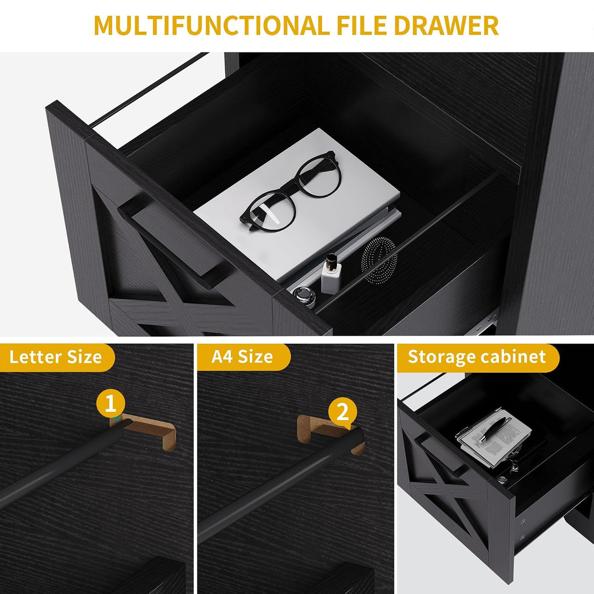 DWVO L Shaped Desk with File Drawer, 60' Corner Computer Desk with Power Outlets, Home Office Desk with Monitor Stand & Storage Shelves & File Cabinet, Black