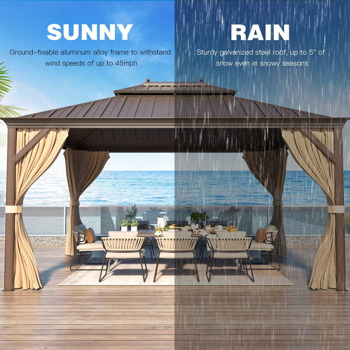 YOLENY 10' x 12' Hardtop Gazebo with Double Galvanized Steel Roof & Gutters, Aluminum Frame Pergolas with Curtains and Netting, Metal Outdoor Gazebos for Patios, Garden, Lawns, Parties