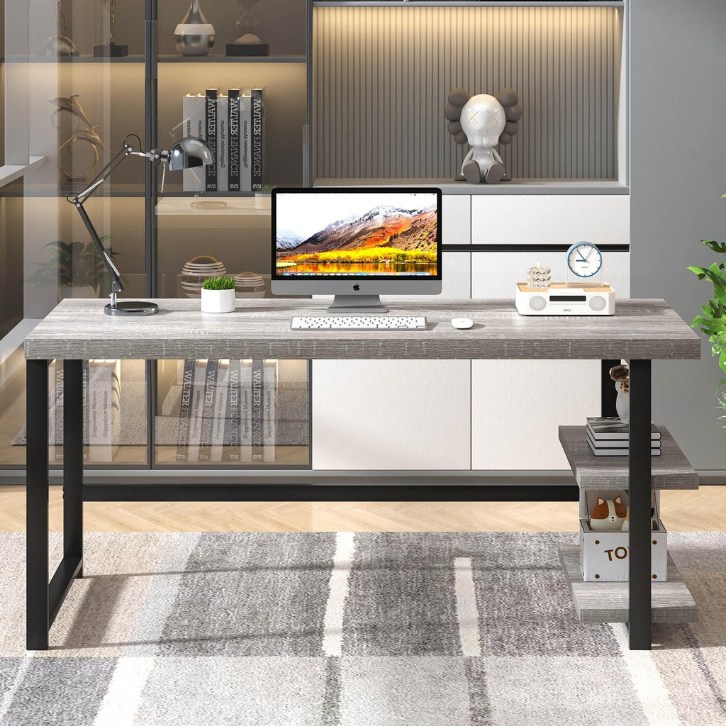 FOLUBAN 60 Inch Computer Desk, Modern Large Home Office Desk with Storage Shelves, Wood and Metal Writing Table Study Gaming Desk Workstation for Living Room, Industrial Light Grey