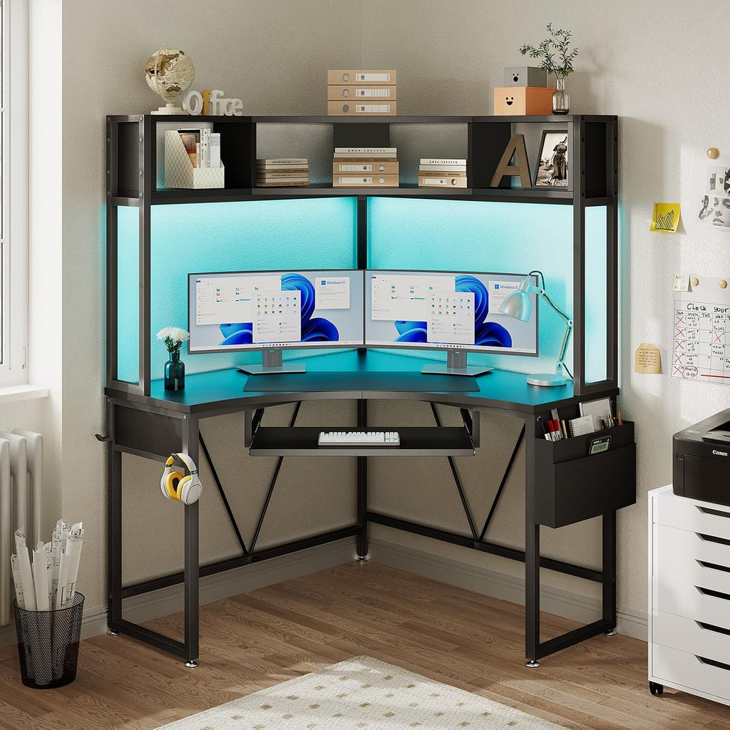 SEDETA Corner Desk, 39' W x 62' H Small Office Desk with Hutch & LED Lights, Triangle Gaming Computer Desk with Keyboard Tray, Storage Bag, and Headphone Hook for Small Space, Black
