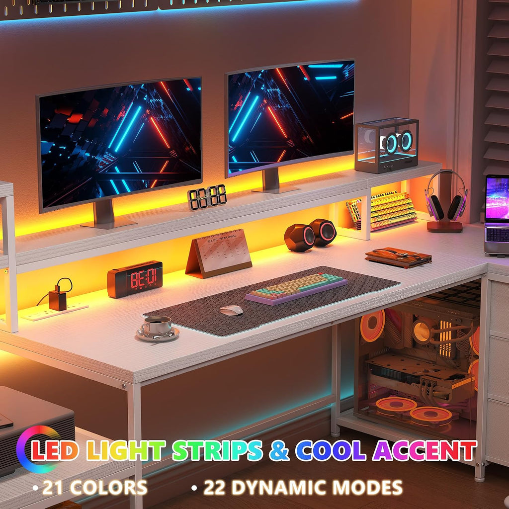 EnHomee 71' L Shaped Gaming Desk with LED Lights,White Computer Desk with Drawers and Printer Shelf,Power Outlet,Reversible Home Office Desks with Storage and Monitor Stand