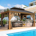 EROMMY 12' x 14' Gazebo, Wooden Finish Coated Aluminum Frame Canopy with Double Galvanized Steel Hardtop Roof, Outdoor Permanent Metal Pavilion with Curtains and Nettings for Patio, Backyard and Deck