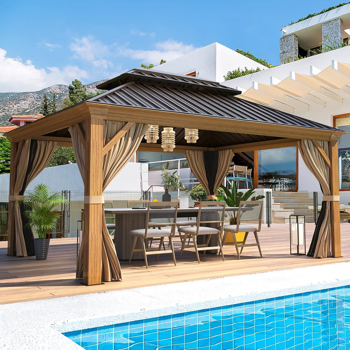 EROMMY 12' x 14' Gazebo, Wooden Finish Coated Aluminum Frame Canopy with Double Galvanized Steel Hardtop Roof, Outdoor Permanent Metal Pavilion with Curtains and Nettings for Patio, Backyard and Deck