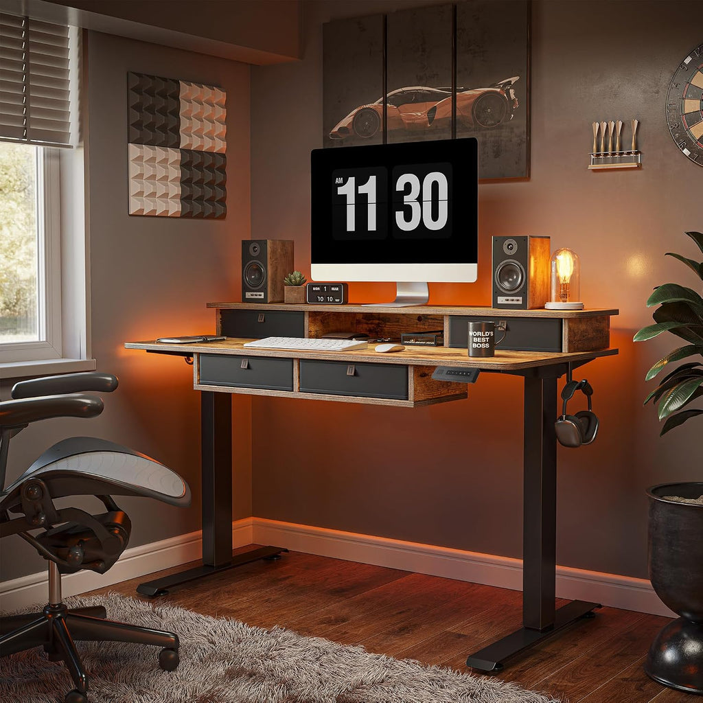 FEZIBO 48'' x 24'' Electric Standing Desk with 4 Storage Drawers, Adjustable Height Computer Table with Monitor Shelf, Stand Up Desk for Study, Gaming, Workstation, Rustic Brown Top