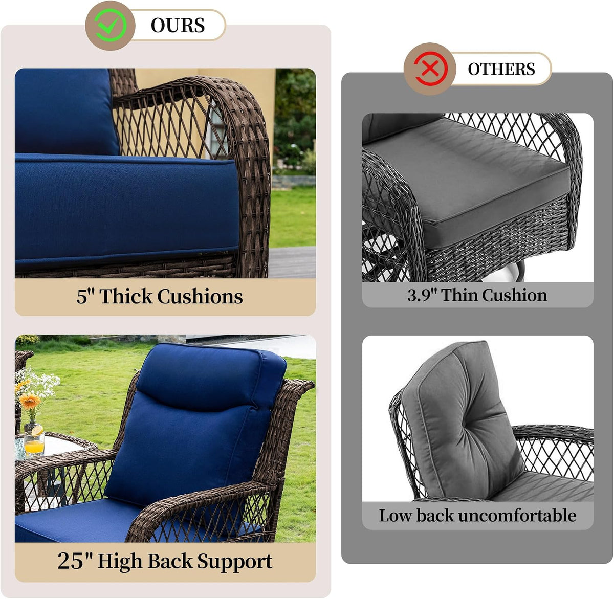 PIZZELLO Patio Bistro Set 3 Piece Wicker Rocking Chairs Sets Outdoor Swivel Chair Furniture Set with Rattan Side Table, 5' Thick Cushion Glide Rocker for Outside Porch Deck Garden Backyard
