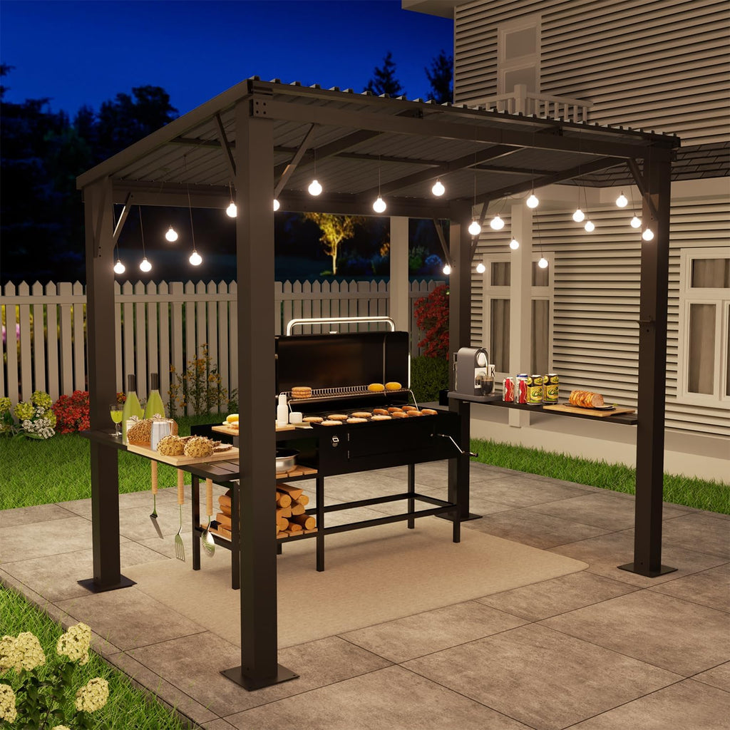 EBE 5'x8' Hardtop Grill Gazebo, Outdoor Gazebo with Side Shelves, BBQ Grill Canopy with Bottle Opener & Hooks, Metal Gazebo Pergola for Patio, Backyard, Deck
