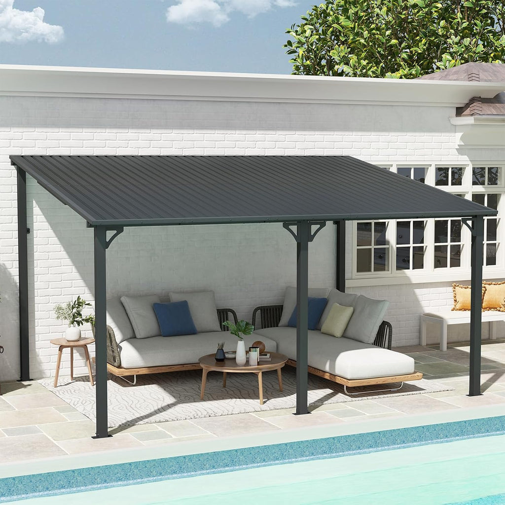 SUNSITT 10 * 14FT Outdoor Gazebo, Lean to Gazebo Pergola w/Drainage Holes, Wall-Mounted Gazebos with Galvanized Iron Hard Top Awnings for Yard, Dark Grey