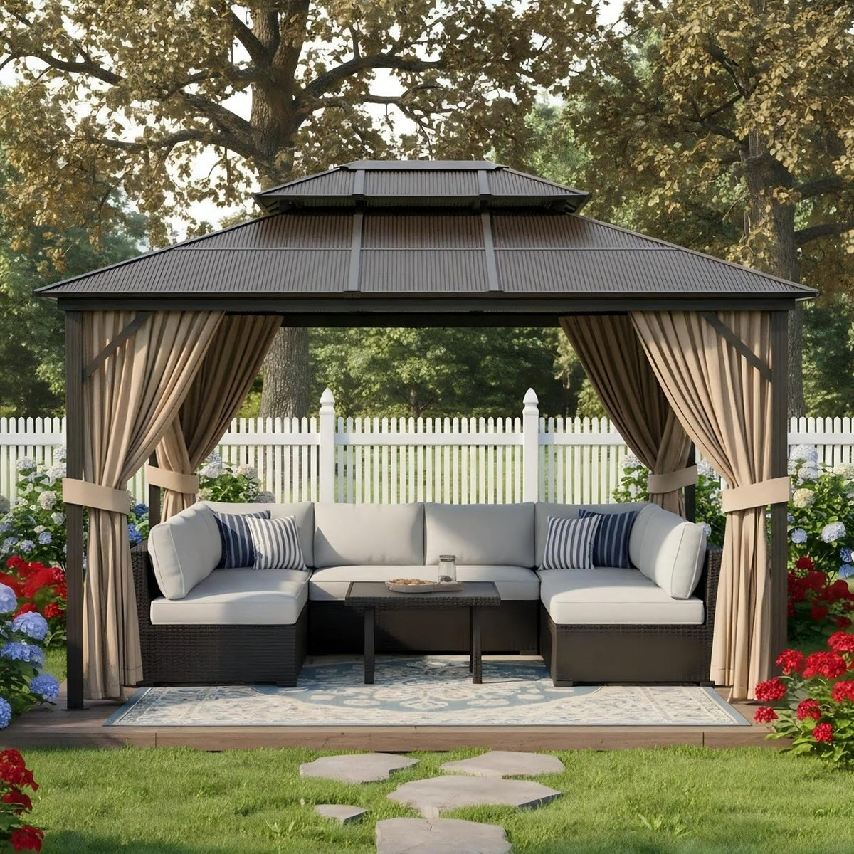 Garvee 10X13 FT Hardtop Gazebo with Double Polycarbonate Roof & Aluminum Frame - Includes Netting & Curtains for Patio, Garden, Backyard Brown