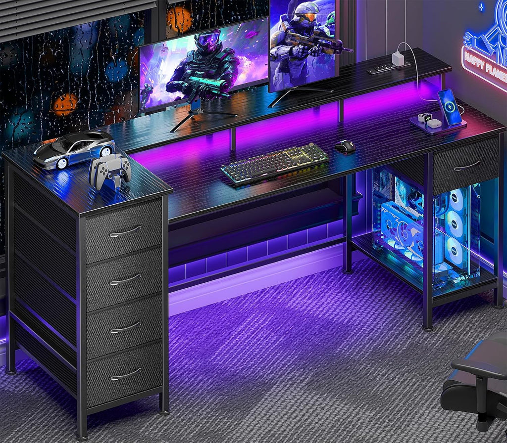 Korfile 61 Inch Computer Gaming Desk with Power Outlets & LED Lights Reversible Home Office Desk with Adjustable 5 Fabric Storage Drawers for Working Writing Study, Black