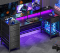 Korfile 61 Inch Computer Gaming Desk with Power Outlets & LED Lights Reversible Home Office Desk with Adjustable 5 Fabric Storage Drawers for Working Writing Study, Black