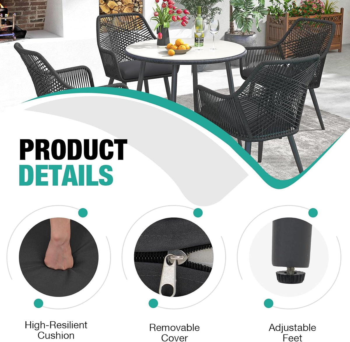 Patiorama 5-PC Patio Dining Set,Outdoor Dining Table Chair Set,All-Weather Twisted Rattan Wicker Rope Conversation Set,Patio Furniture Set w/Umbrella Hole,Cushioned Chairs&Table(Dark Grey&Cross Back)