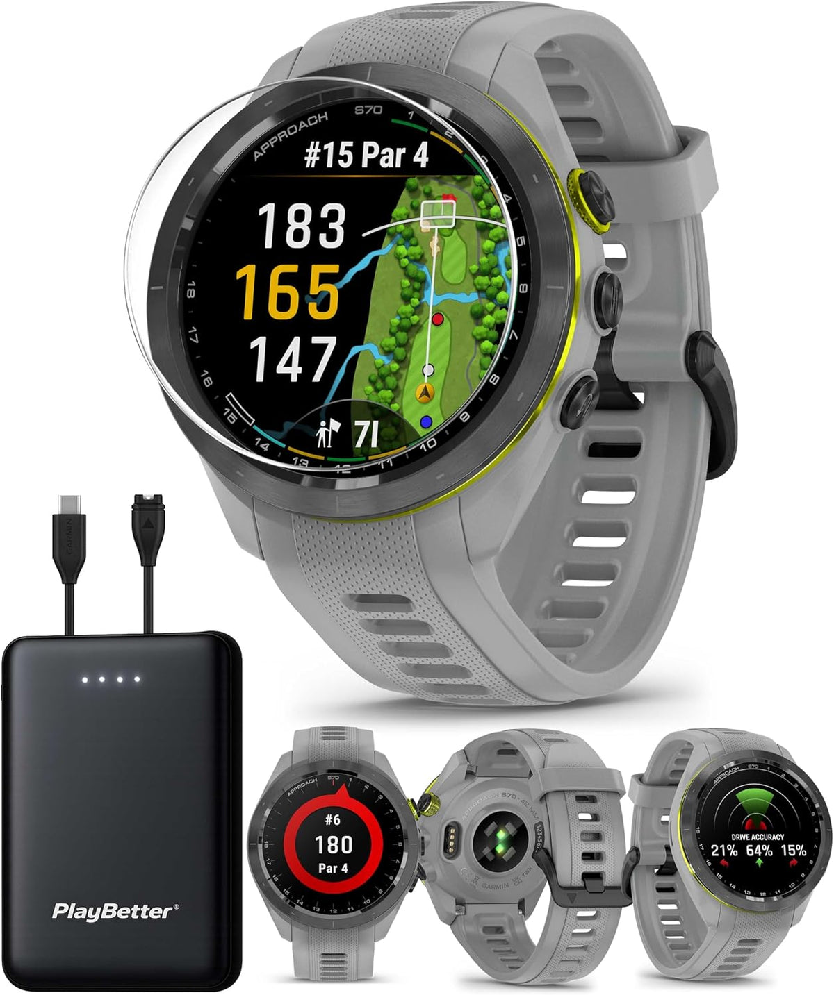 Garmin Approach S70 (Gray, 42mm) Golf GPS Watch Bundle - AMOLED Display, Virtual Caddie & PlaysLike Distance - Includes PlayBetter 5000mAH Portable Charger & Screen Protectors
