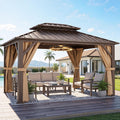 YITAHOME 9x11FT Hardtop Gazebo Double Roof Canopy w/Netting and Curtains, Outdoor Gazebo Permanent Galvanized Iron Steel Gazebo for Patio, Backyard, Deck and Lawns, Bronze
