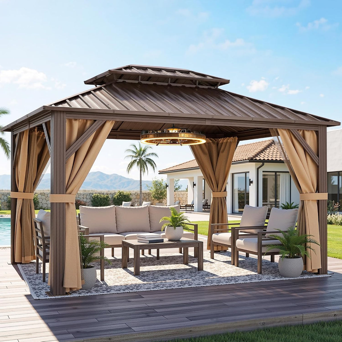 YITAHOME 9x11FT Hardtop Gazebo Double Roof Canopy w/Netting and Curtains, Outdoor Gazebo Permanent Galvanized Iron Steel Gazebo for Patio, Backyard, Deck and Lawns, Bronze