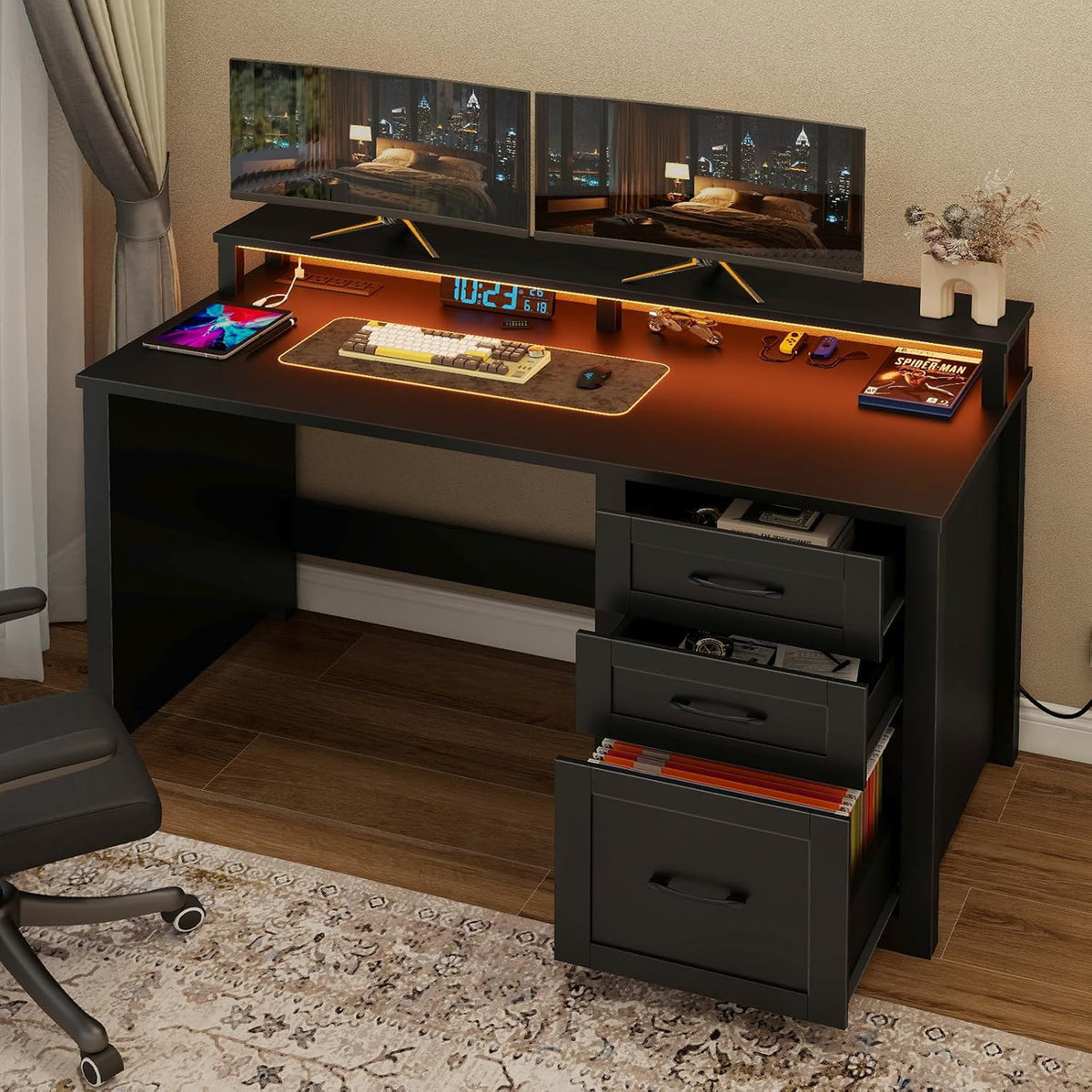 Vabches 47' Farmhouse Executive Desk with Monitor Stand & File Cabinet,3 Drawers Computer Desk with LED Lights and Power Outlets,Workstation for Home Office, Study,Writing.Pure Black