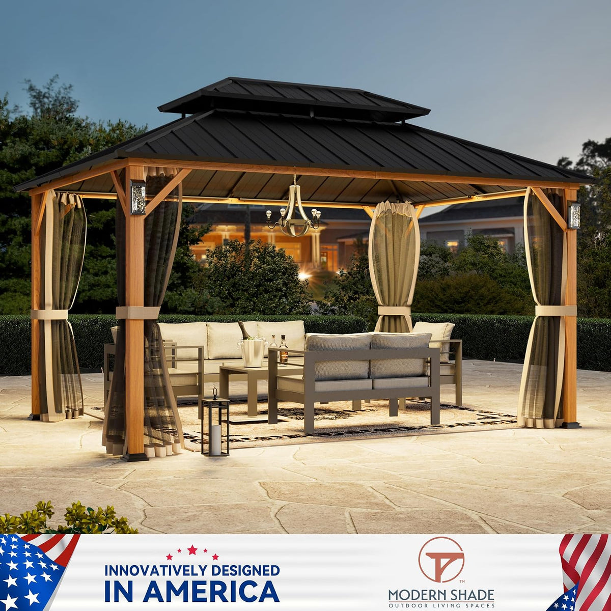 Modern Shade The Horizon Hard Top Gazebo 10' x 14' with 4 LED Lights, Permanent Hardtop Gazebo with Galvanized Steel Double Roof, Metal Gazebo with Decor Hooks, Mosquito Nettings for Patio, Wood Grain