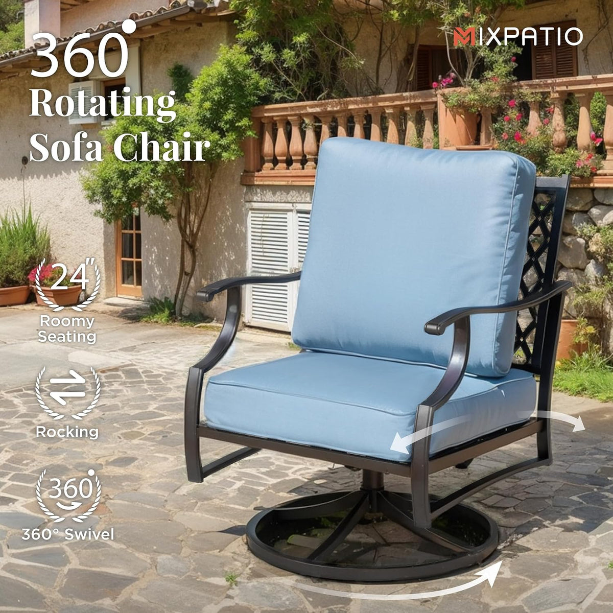 MIXPATIO Patio Furniture Set with Fire Pit Table, 5 Pcs Metal Outdoor Conversation Set, 4 Swivel Chairs with 5.75' Extra Thick Cushion and 28' Fire Pit Table for Backyard Deck, Blue