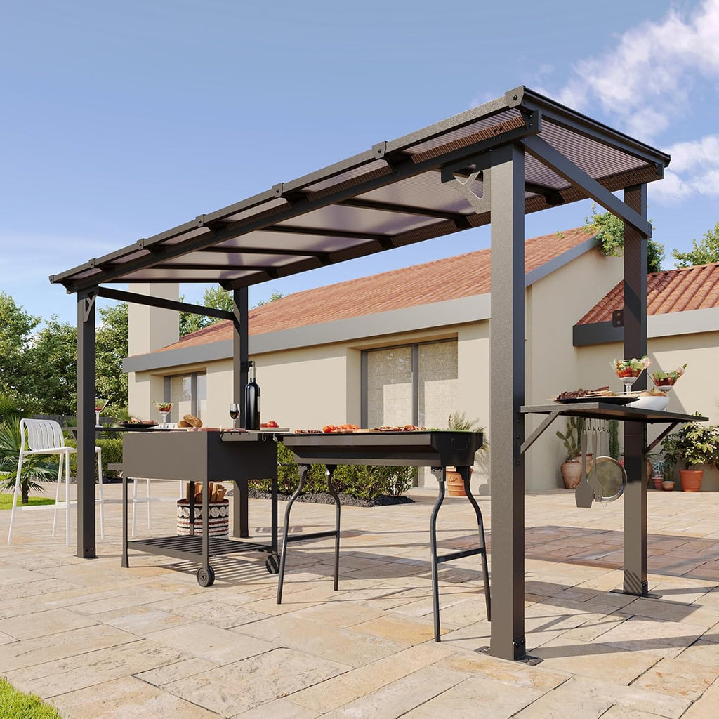 Aoxun 12x6 FT Gazebo with Polycarbonate Panel, All-Weather Outdoor BBQ Canopy with Sloping Steel Roof, Grill Gazebo with 2 Side Shelves & Hooks, Permanent Metal Gazebo for Patio, Backyard, Deck