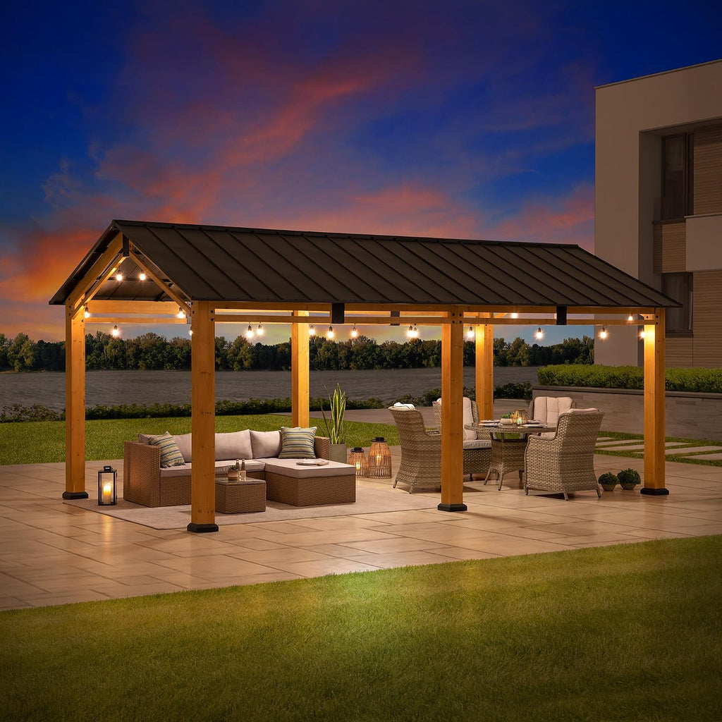 SUNJOY Carport 11 ft. x 20 ft. Standard Wood Gazebo Heavy Duty Garage, Cedar Framed Gazebo Car Shelter with Metal Roof and Movable Ceiling Hook, Shade for Backyard, Patio Lawn and Garden