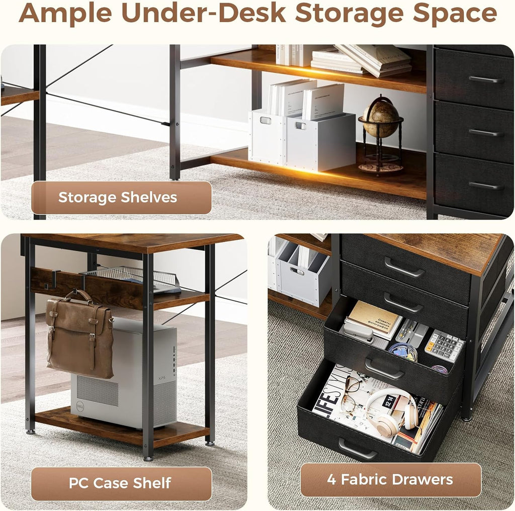 AODK 61' L Shaped Desk with Drawer, Computer Desk with Power Outlets & LED Lights, Reversible Corner Gaming Desks for Home Office Workstation, Office Table with Monitor Shelf, Vintage