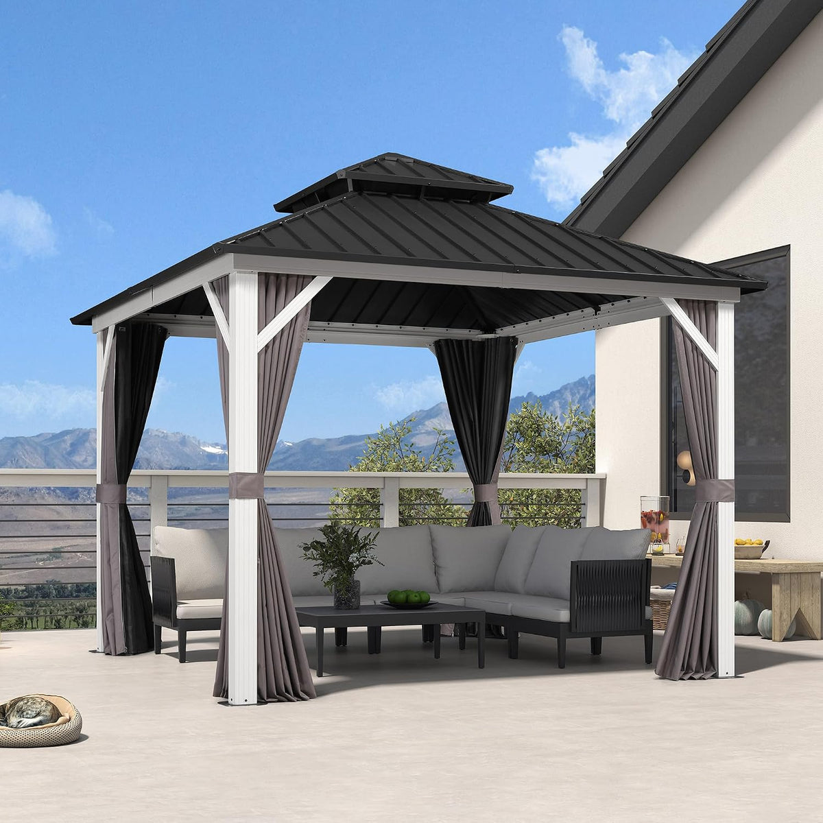 PURPLE LEAF 10' X 10' Hardtop Gazebo Metal Double Roof White Aluminum Frame Outdoor Heavy Duty Gazebo with Curtain and Netting for Patio Garden and Backyard, Grey