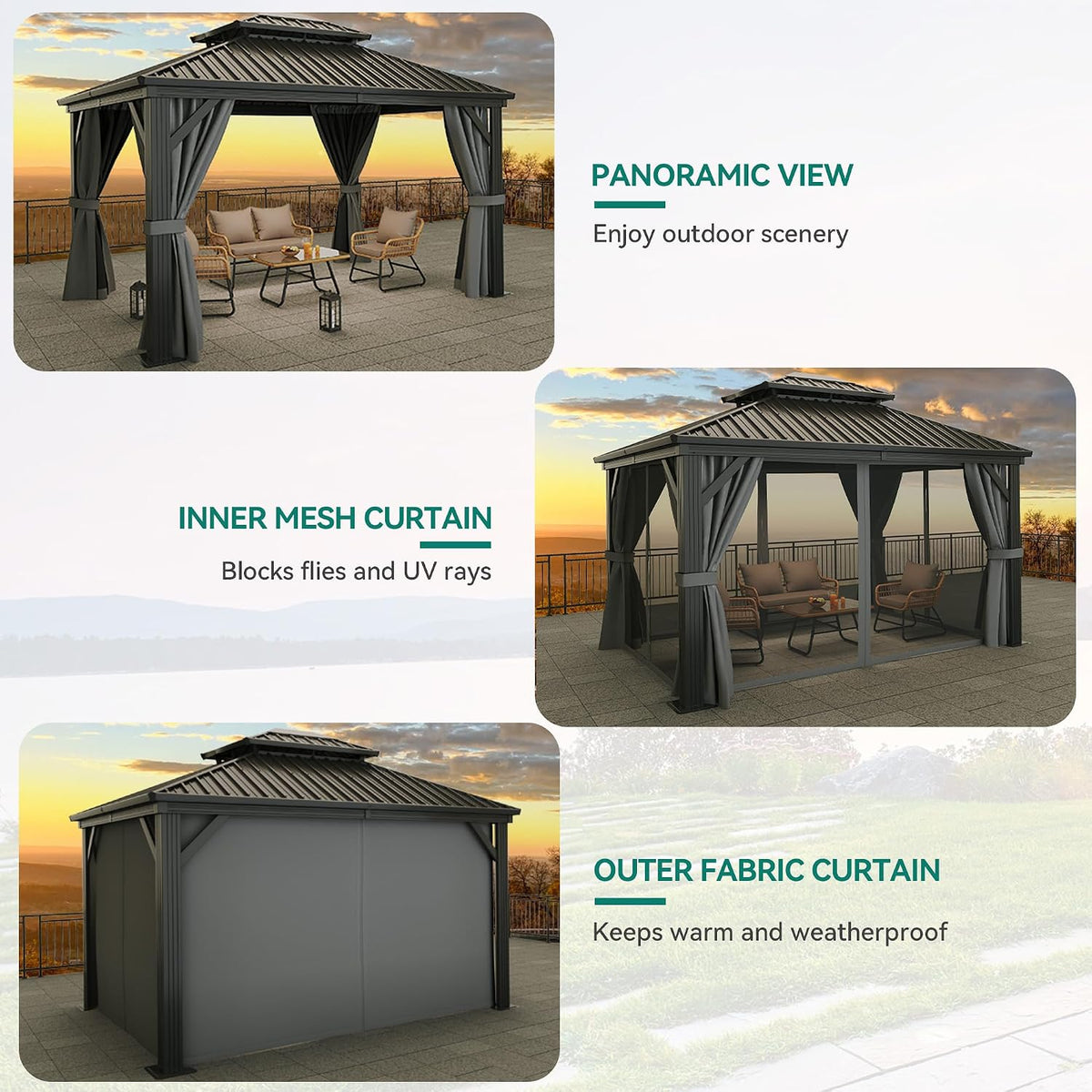 YITAHOME 10X12FT Hard Top Metal Gazebo Patios Double Roof Canopy Aluminum Frame Garden Gazebo Tent Curtains Netting for Patios Backyards Decks Lawns Gray