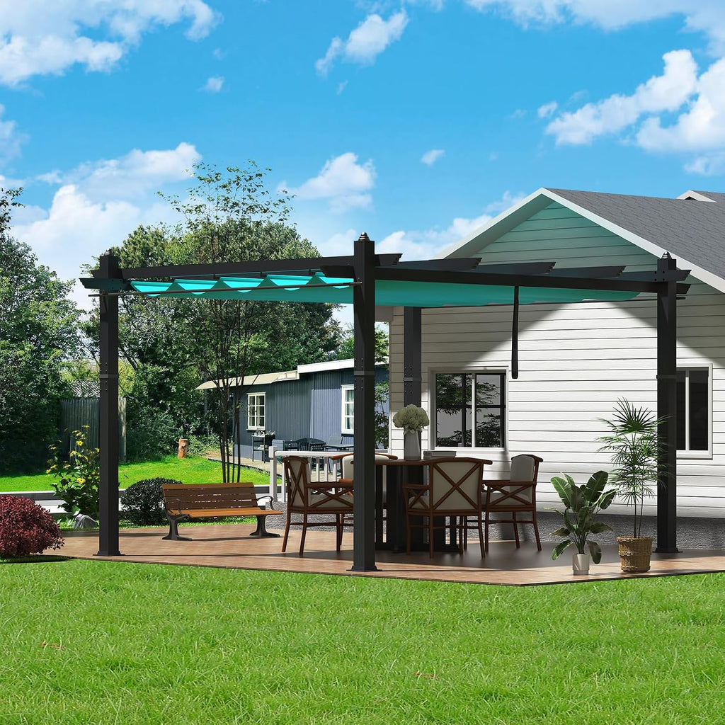 10 x 13 ft Outdoor Pergola, Aluminum Patio Gazebo Pergola with Retractable Canopy, Reinforced Frame, Outdoor Metal Gazebo Shelter with Netting for Backyard, Garden Deck and Lawn (Blue+White)