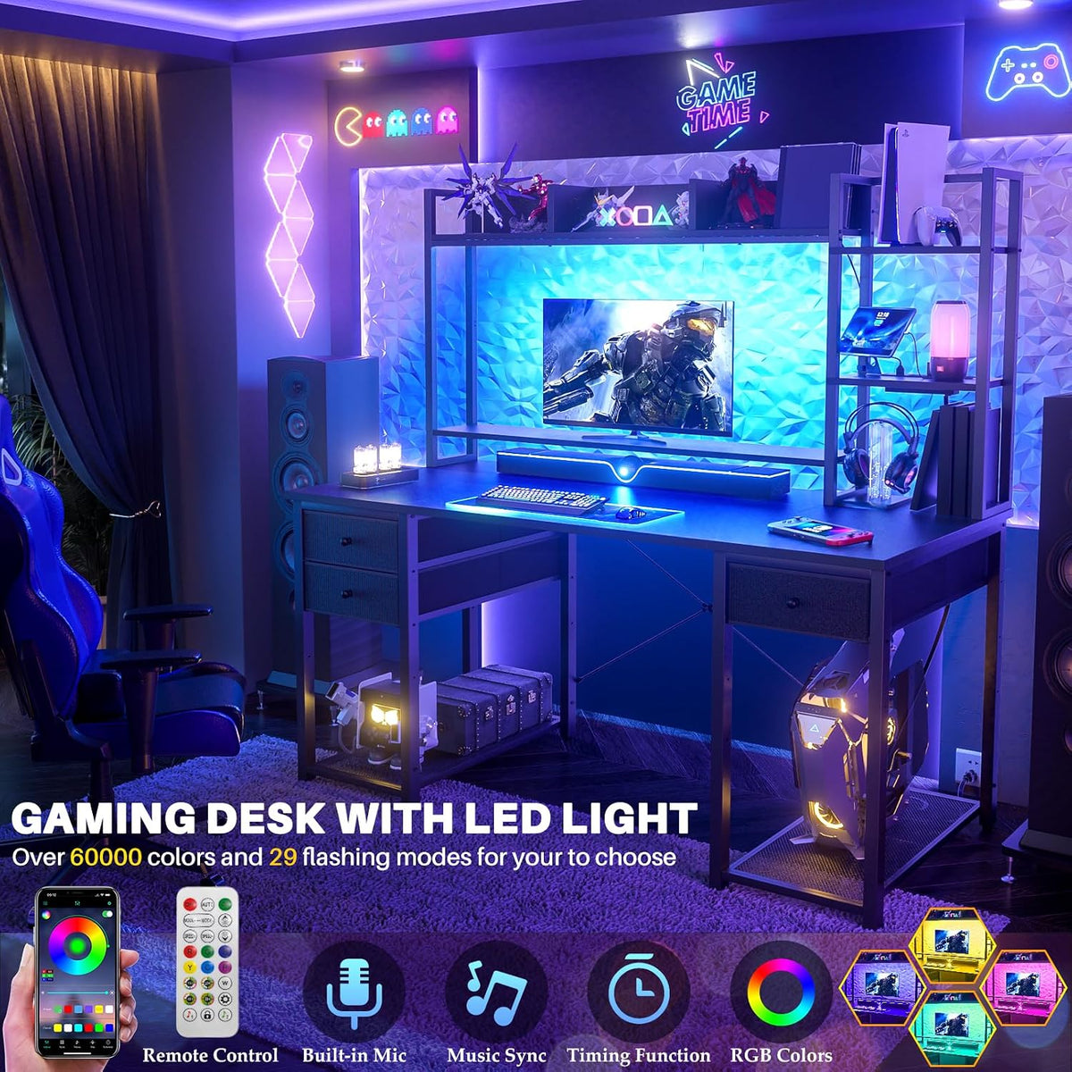Aheaplus LED Gaming Desk with Hutch, 47.2'' Computer Workstation, Black