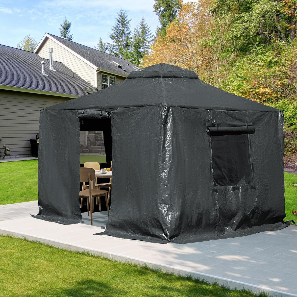10 x 10 FT Outdoor Gazebo Cover for Hardtop Gazebos, Universal Winter Gazebos Cover with Sidewalls and Mesh Window, All-Season Used - Grey(Gazebo Not Included)