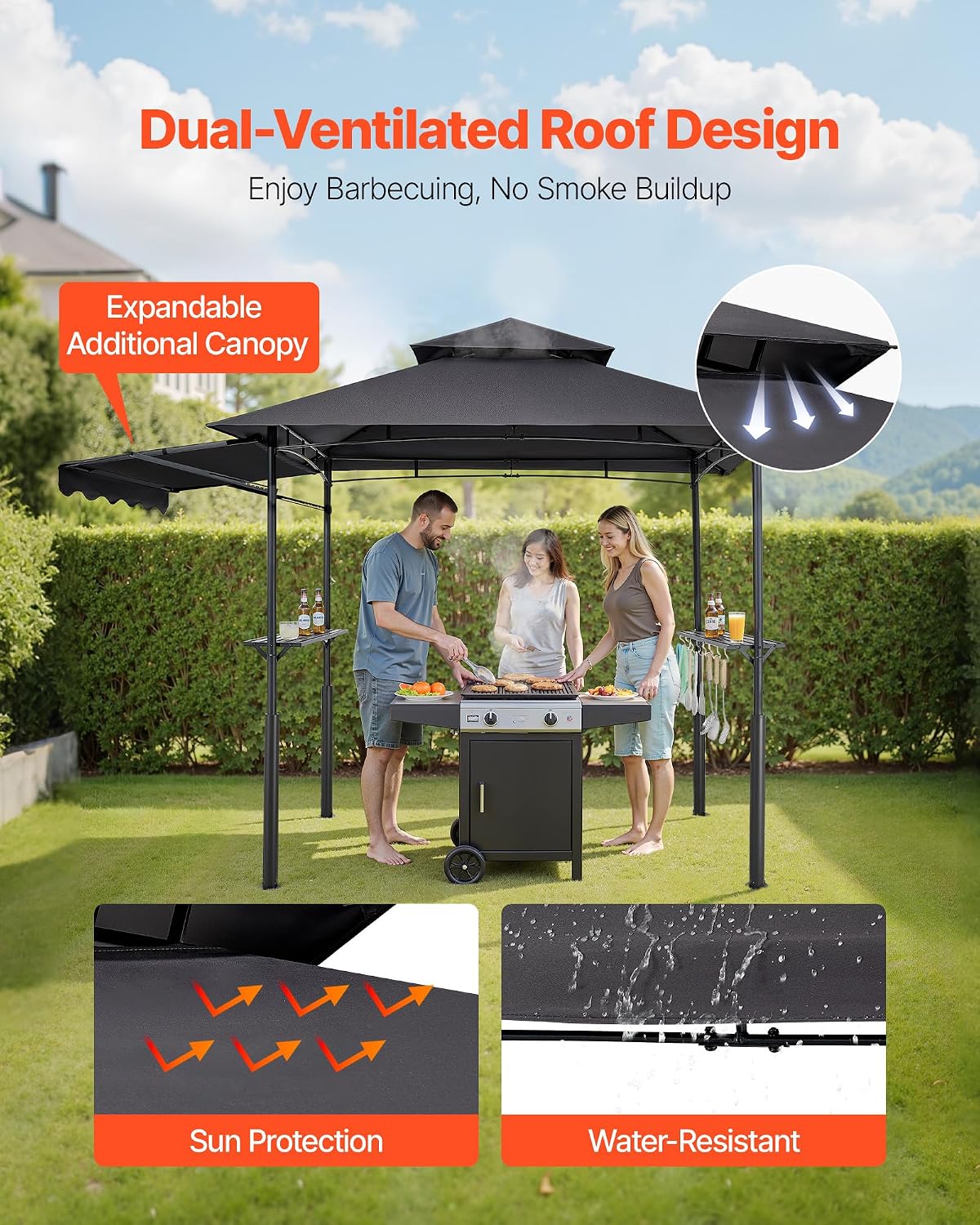 VEVOR Grill Gazebo, 8 x 5 ft Double-Tiered Top, Reinforced BBQ Gazebo with Extra Awning, Powder-Coated Steel Patio Grill Shelter with 2 Side Shelves & Hooks, Outdoor Grilling Canopy for Garden