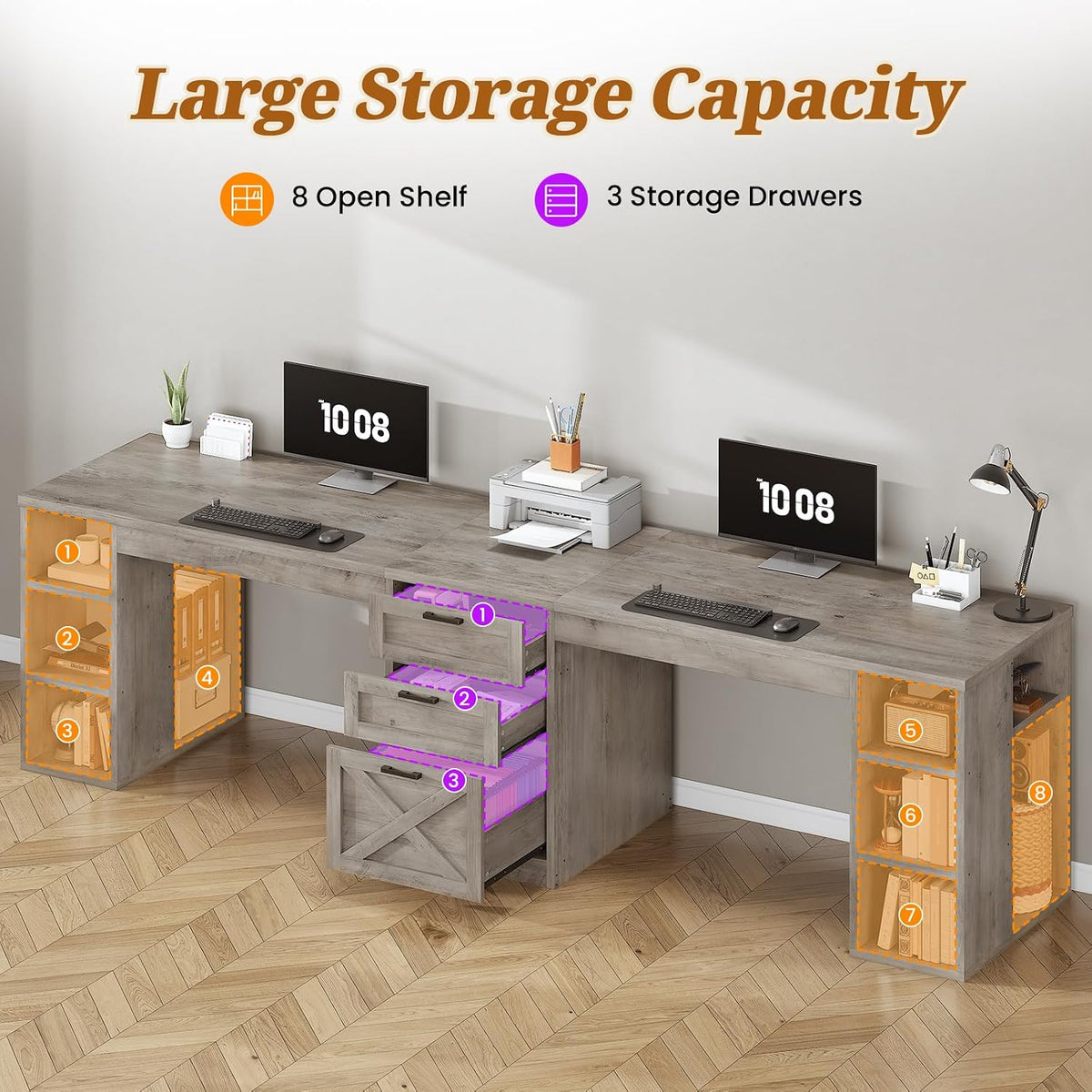 SEDETA Farmhouse 96.5' Computer Desk with Drawers, 2 Person Home Office Desk, Gaming Double Desk with Storage Shelves, Long Two Person Writing Desk (Grey)