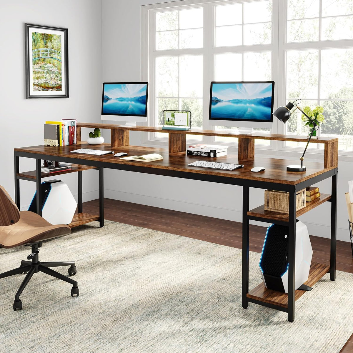 Tribesigns Two Person Desk with Monitor Stand, 78.74' Long Double Computer Office Desk with Storage Shelves, Large Gaming Study Writing Table Workstation for Home Office (Rustic Brown)
