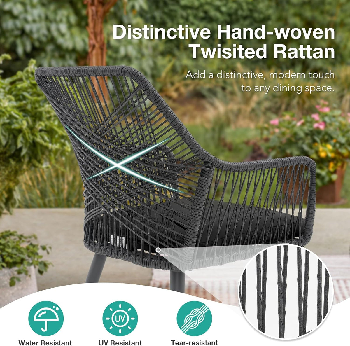 Patiorama 5-PC Patio Dining Set,Outdoor Dining Table Chair Set,All-Weather Twisted Rattan Wicker Rope Conversation Set,Patio Furniture Set w/Umbrella Hole,Cushioned Chairs&Table(Dark Grey&Cross Back)
