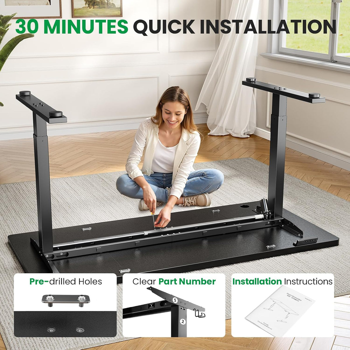 Electric Standing Desk Adjustable - 63x30 Inch Sit Stand Desk with 1 Inch Thick Tabletop, Double Beam Frame, 3 Memory Height Adjustment, Cable Management for Home Office